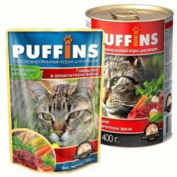 PUFFINS консервы для кошек в желе кусочки Говядина