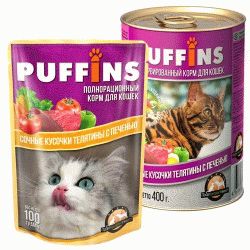 PUFFINS пауч в соусе Сочная телятина/печень  для кошек 100г
