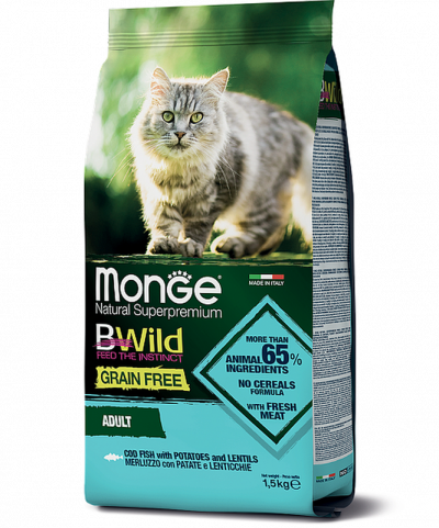 Monge Cat BWild GRAIN FREE беззерновой корм из трески, картофеля и чечевицы для взрослых кошек - 5