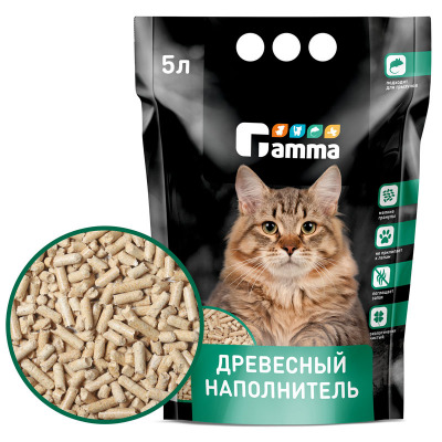 Наполнитель для кошачьих туалетов Gamma 5л, древесный  впитывающий, мелкие гранулы - 5