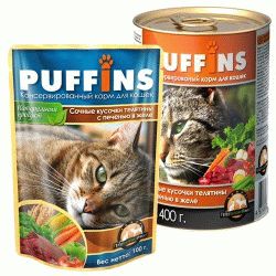 PUFFINS консервы для кошек в желе кусочки Телятина/Печень
